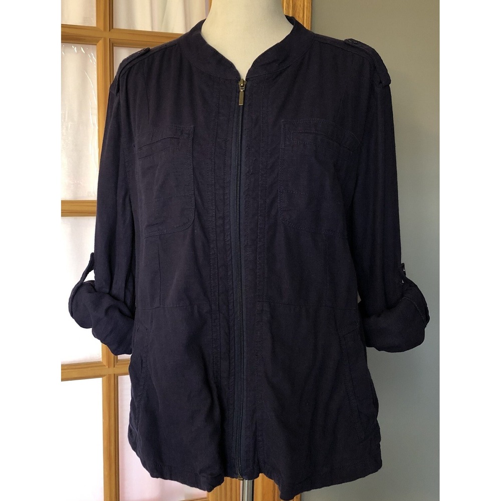 Supplies Linen Blend Utility Jacket Womens XL Full Zip Navy Pockets Nautical